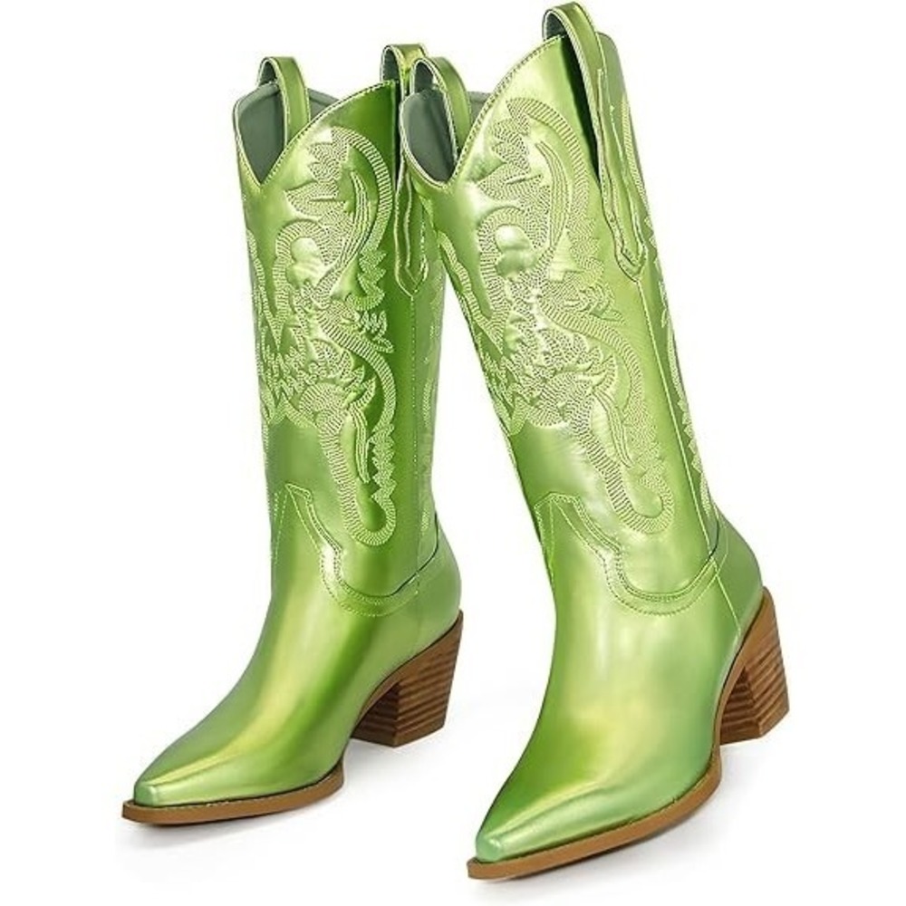 Women's Western Cowboy Embroidered Mid Calf Boots, Almond Pointed Toe (7M)